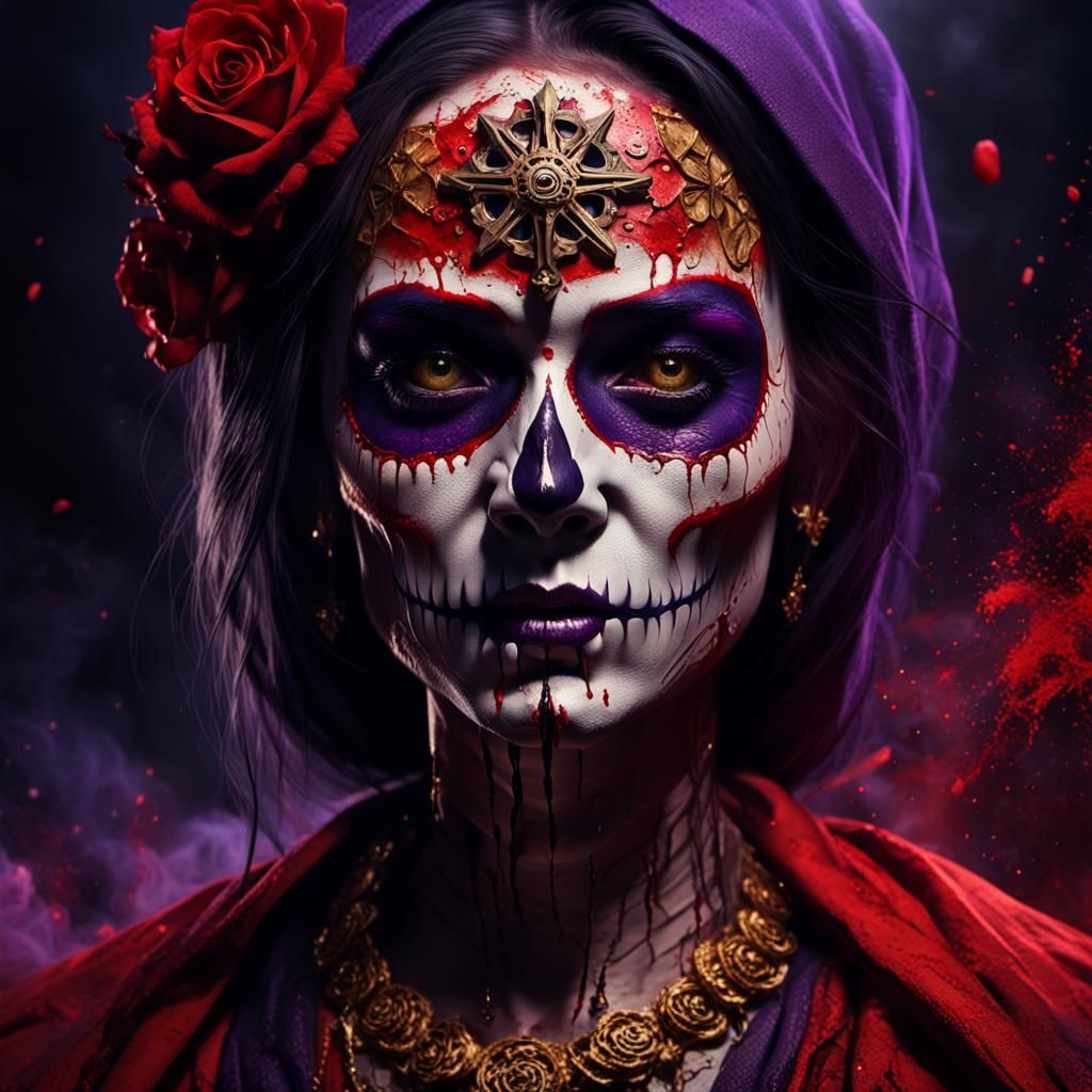 Mystical Woman with Santa Muerte Makeup in Dramatic Lighting