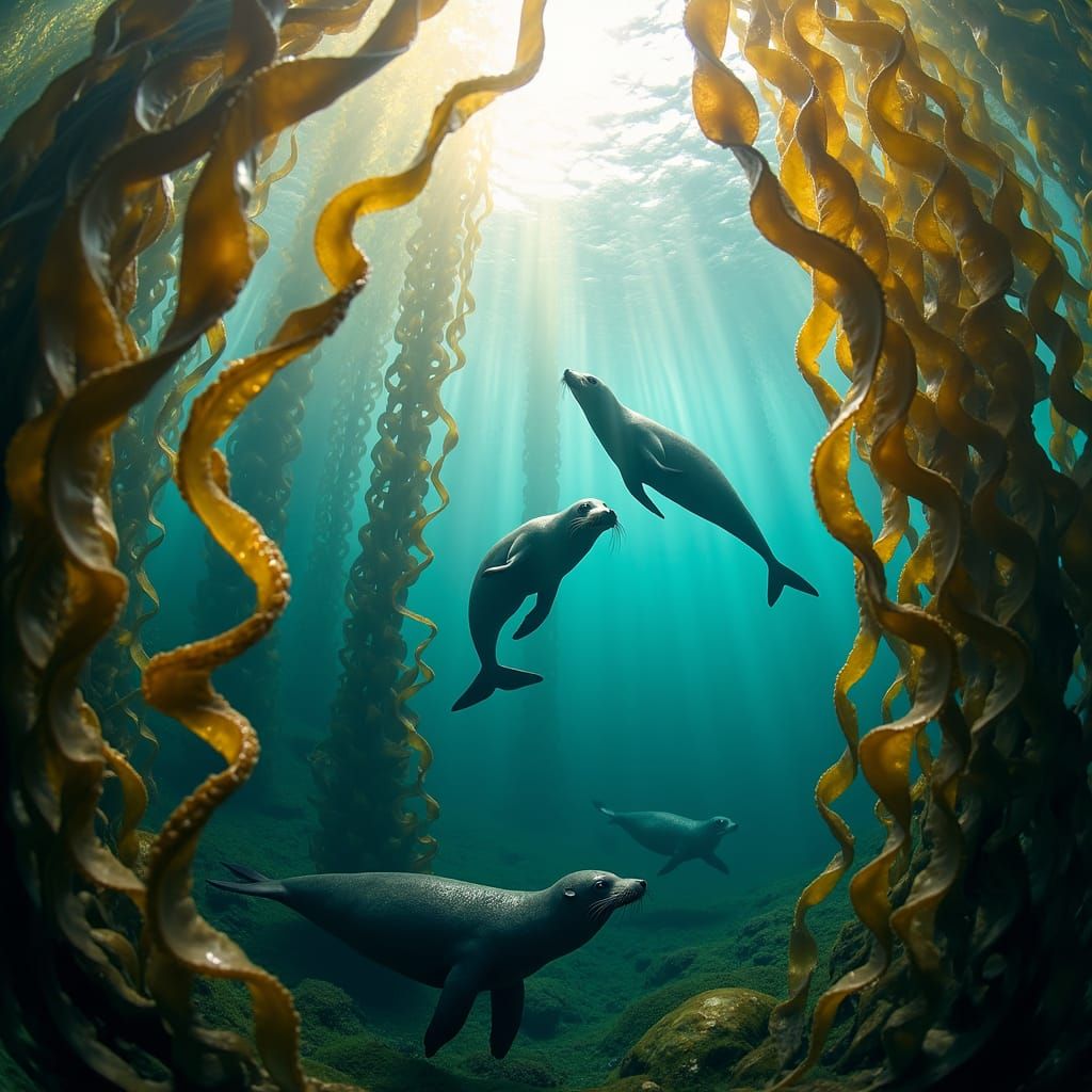 Golden Kelp Forest Scene with Seals