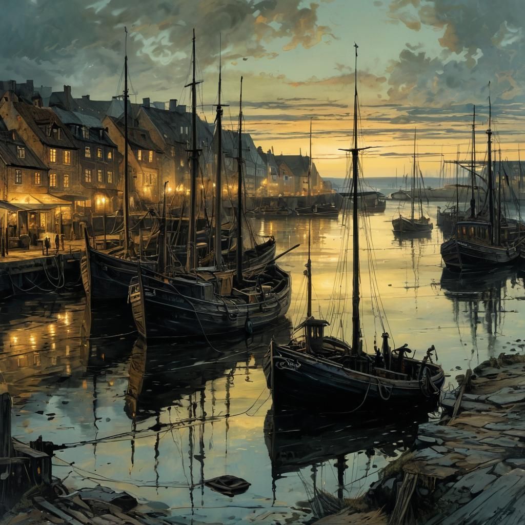 Danish Fishing Village at Twilight in Muted Colors