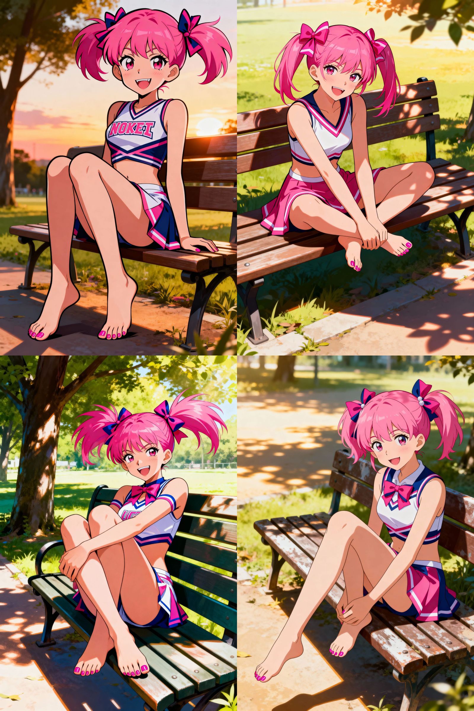 Cheerleader with Pink Hair and Pigtails on Park Bench