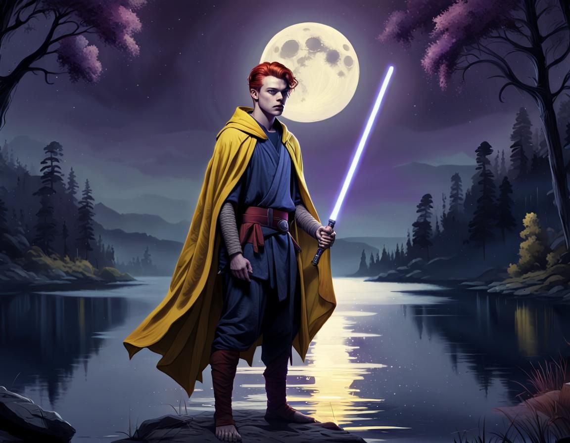 Redhead Jedi with Lightsaber in Dark Fantasy Art