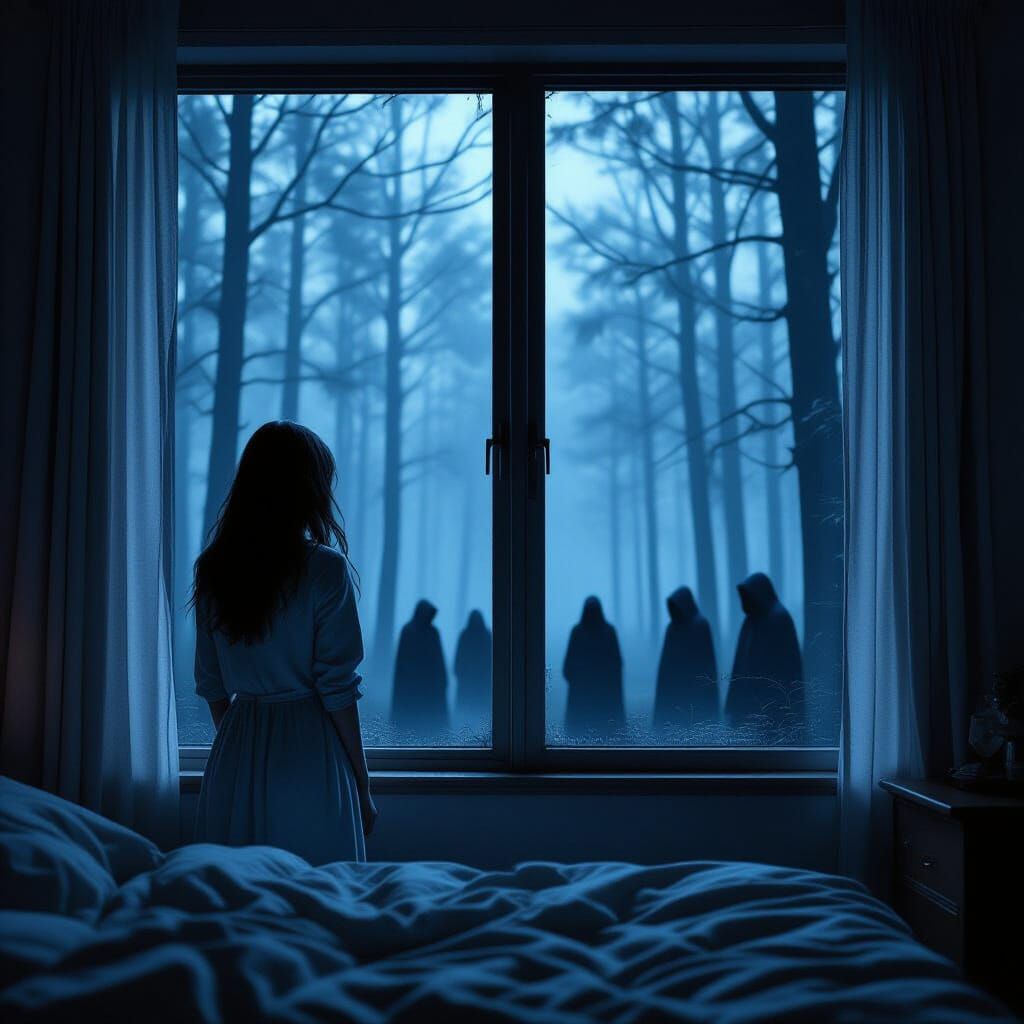 Eerie Forest Scene with Woman in Bedroom Window