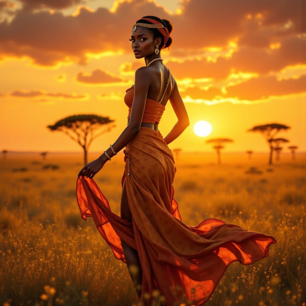 African Woman in Traditional Attire Under Sunset Savannah Sk...