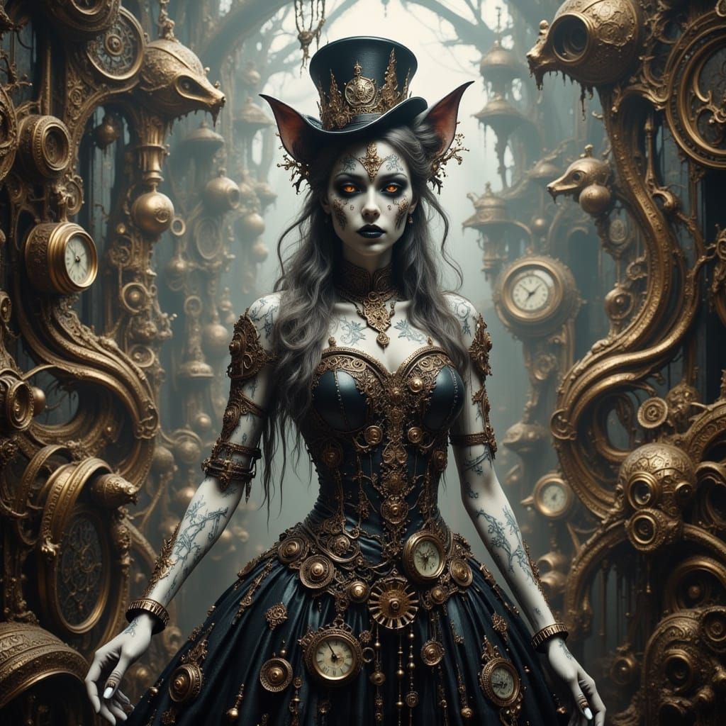 Steampunk Cheshire Cat with Glowing Runes and Gears