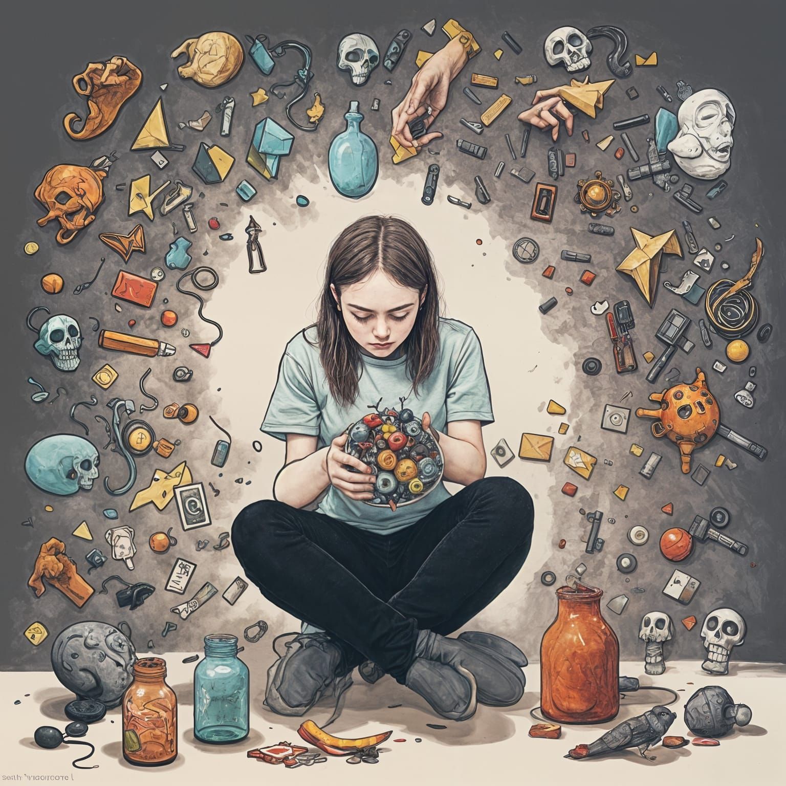 Person Filling Inner Void With Symbolic Objects