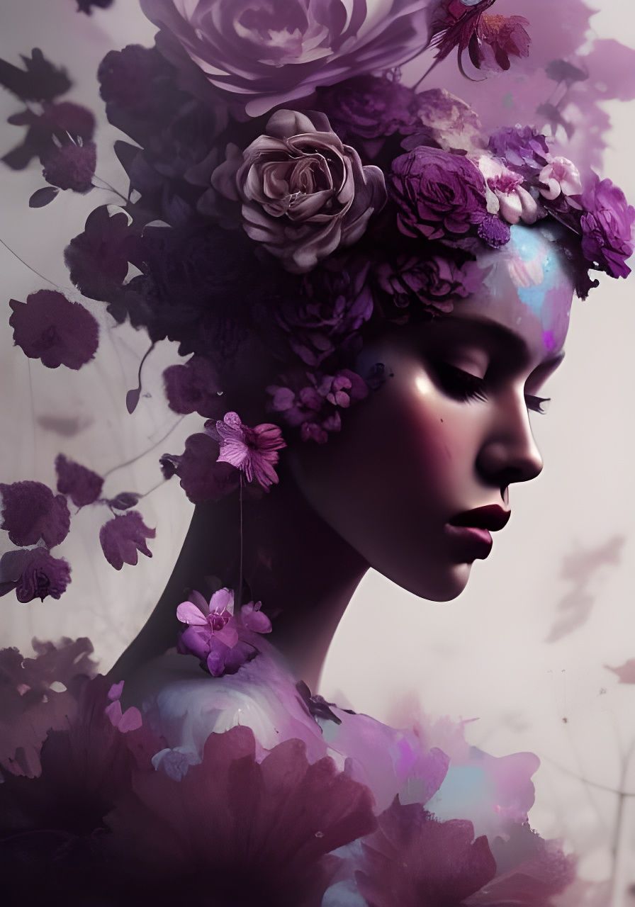 Purple Flowers Adorn a Woman's Face