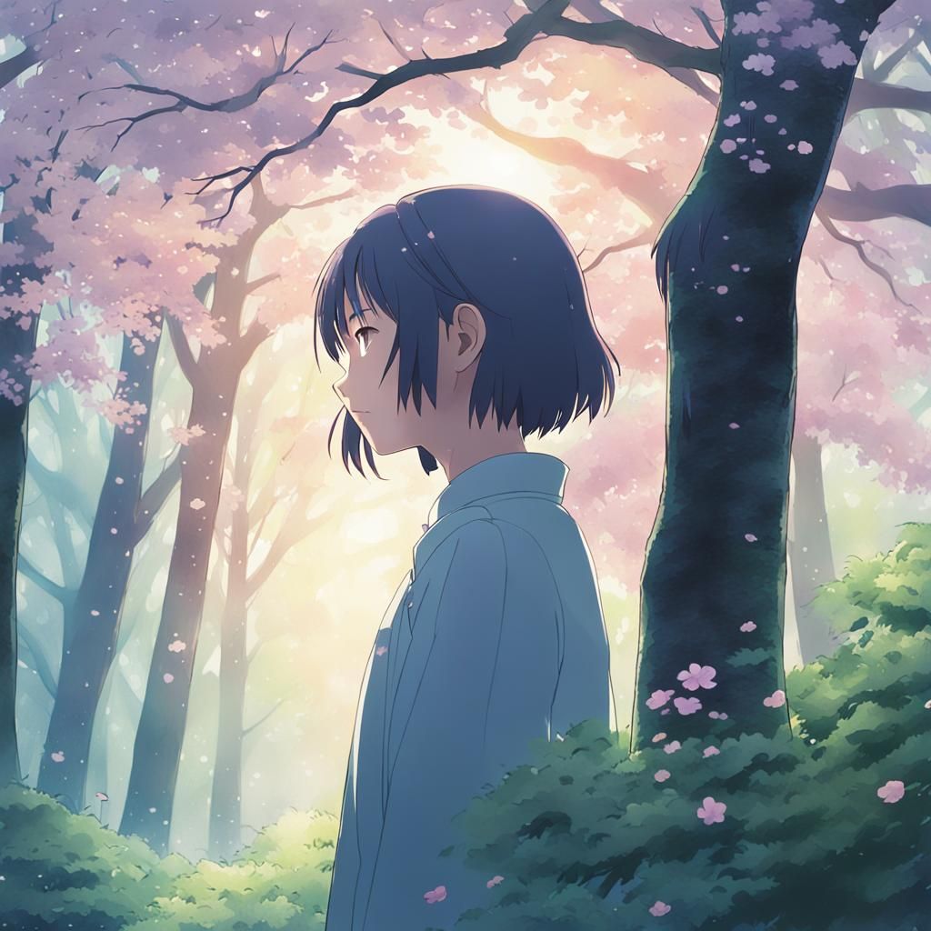 Anime Woman in Forest, Watercolor Style