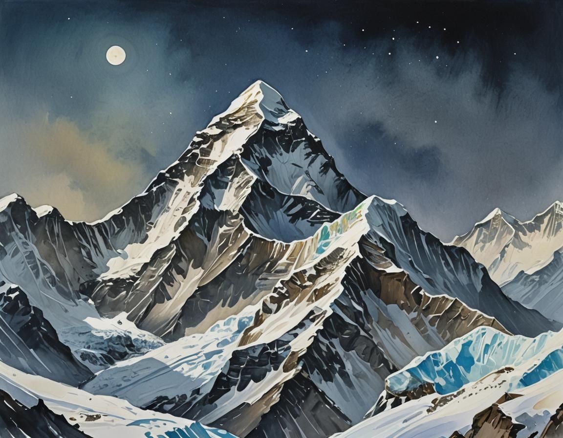 Moonlit Everest in Gouache Impressionist Style