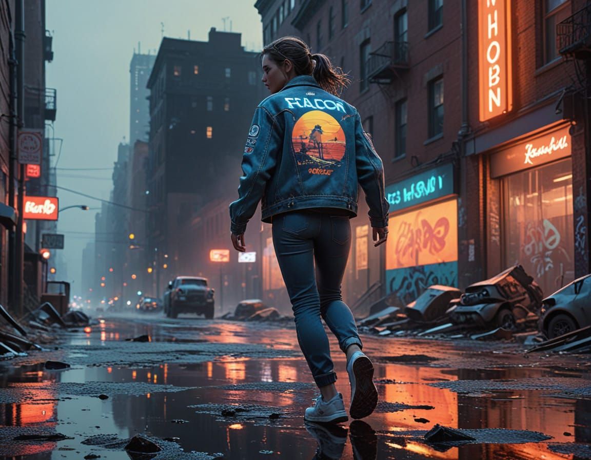 Youth Fleeing City Chaos in Neon-Lit Futurism