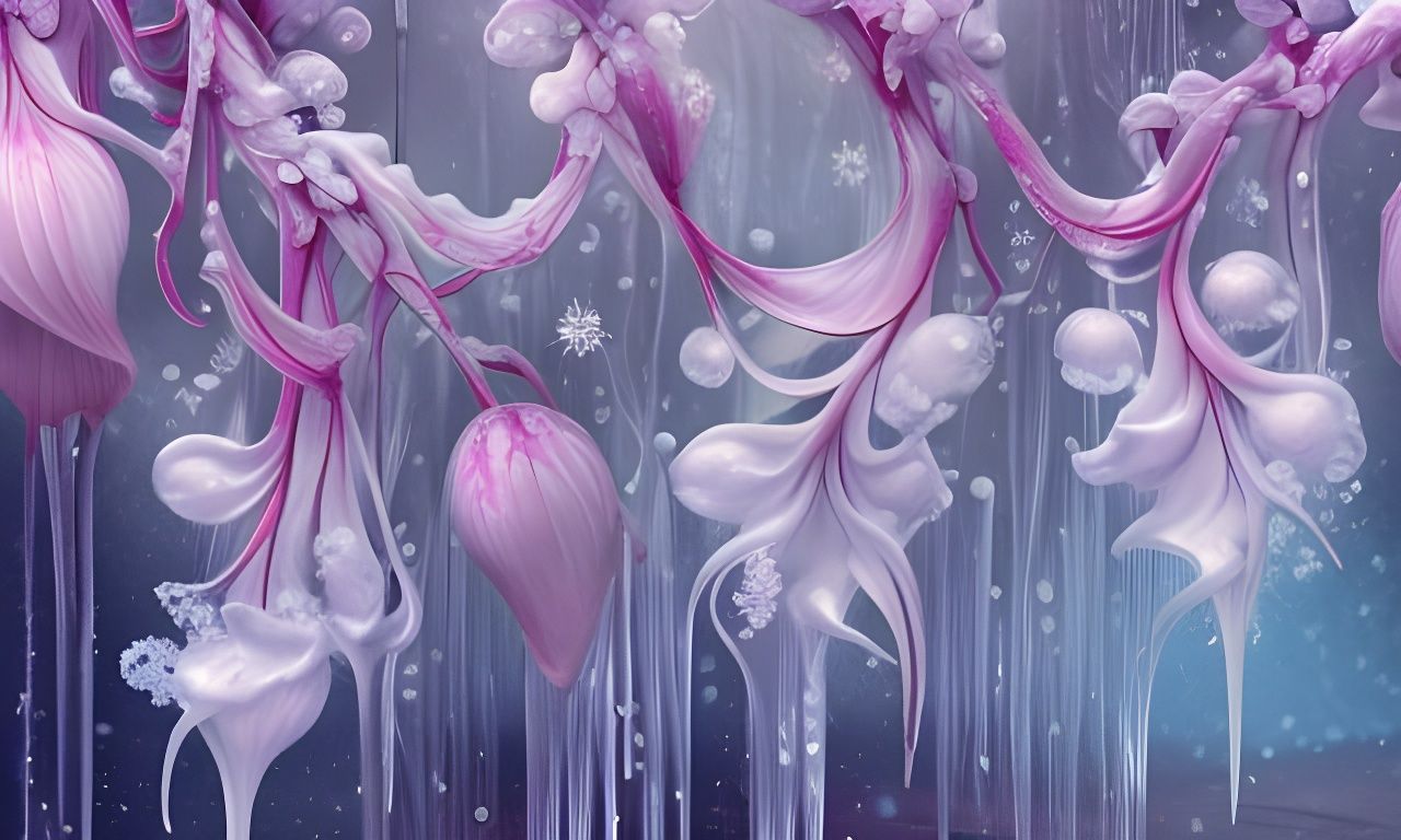 Frozen Blossoms in Winter Garden, Hyperrealistic Style