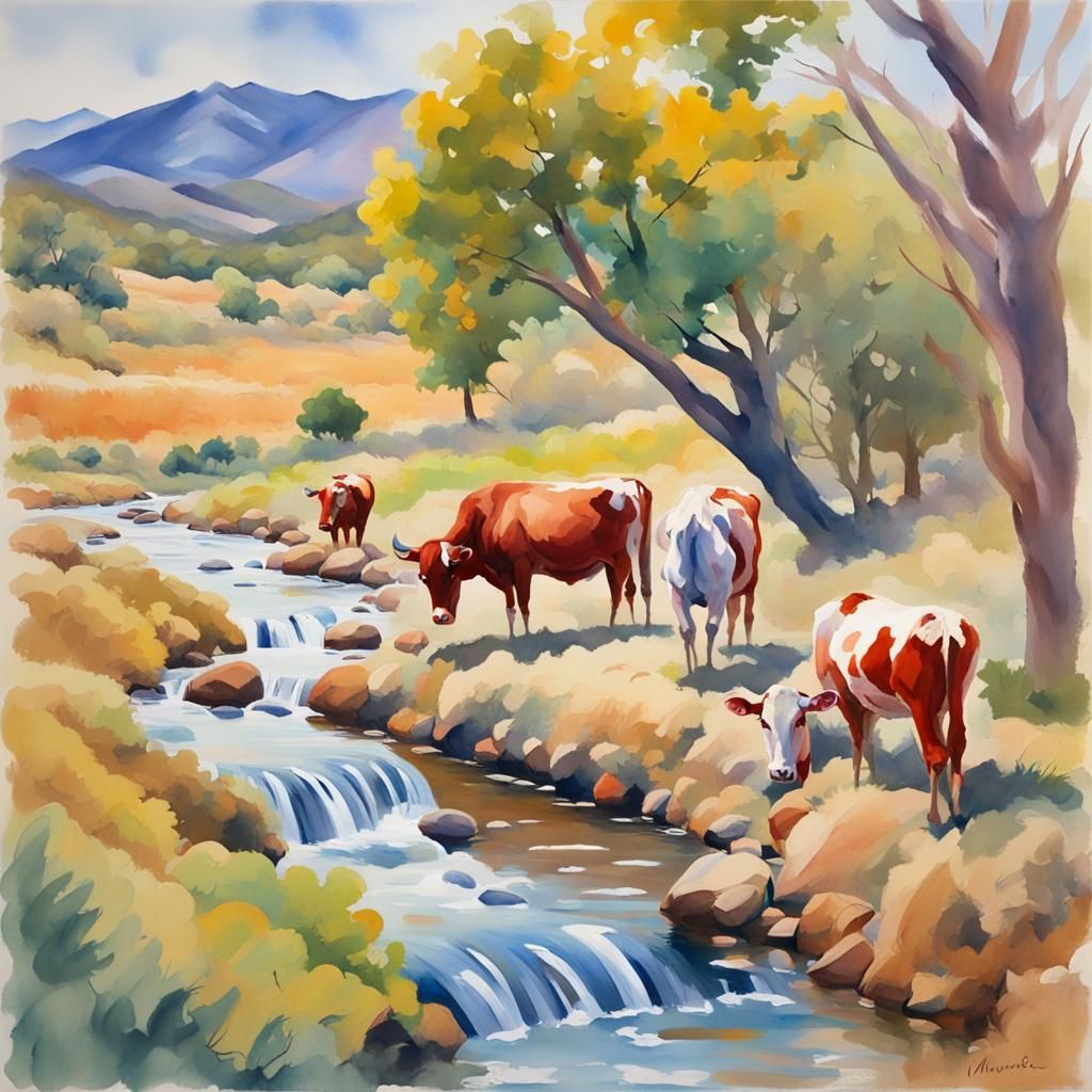 Idyllic Gouache River Landscape with Cows