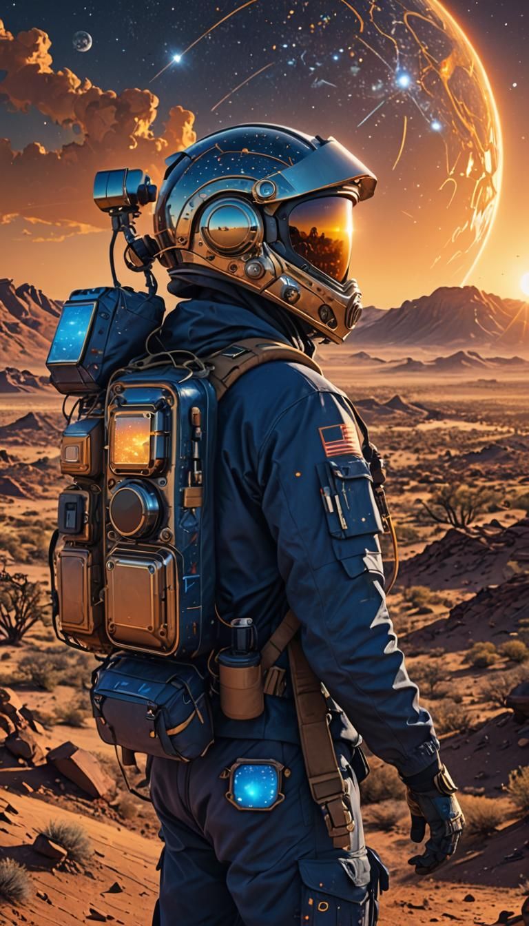 Solarpunk Figure in Sahara Shooting Flare