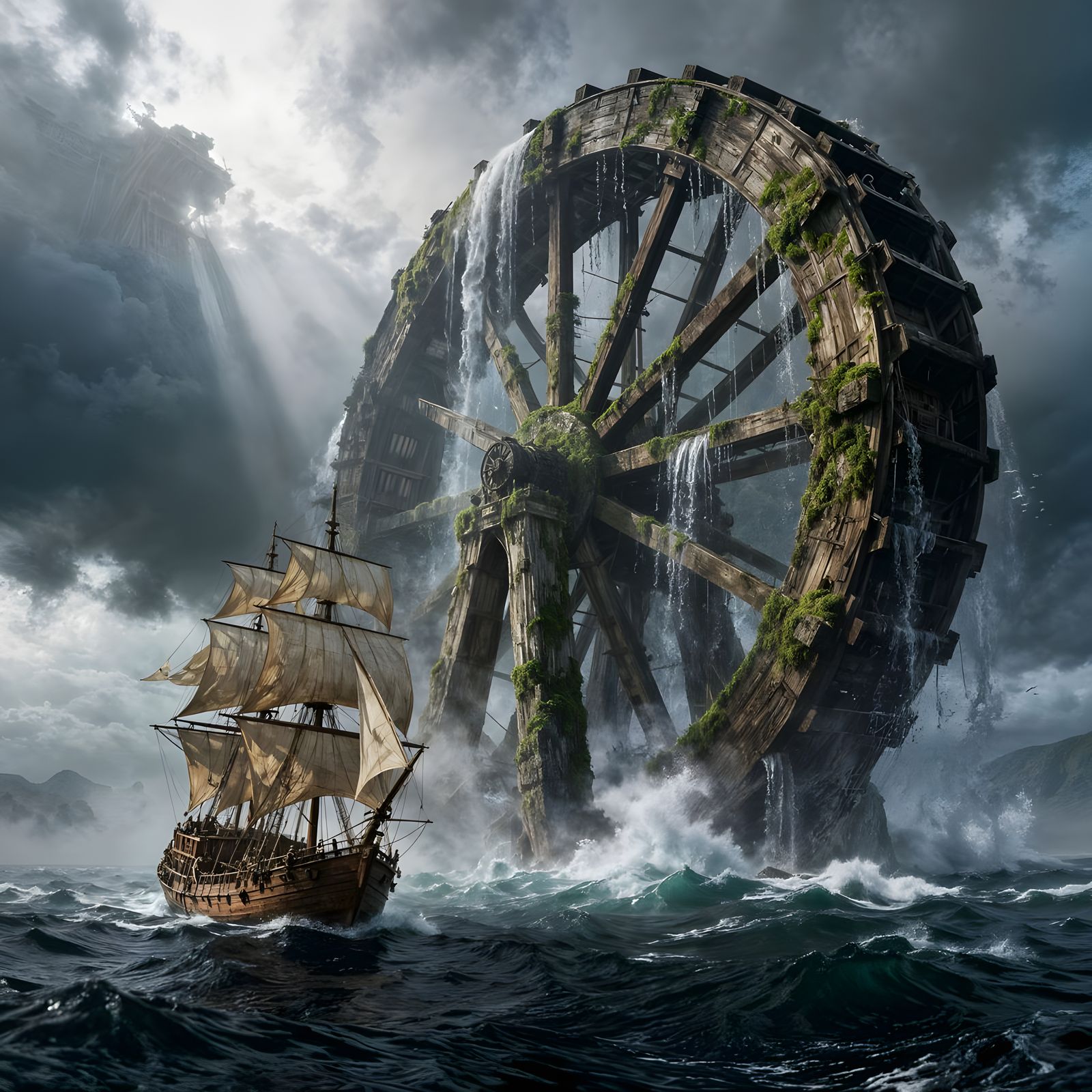 Galleon Approaches Colossal Sea Waterwheel