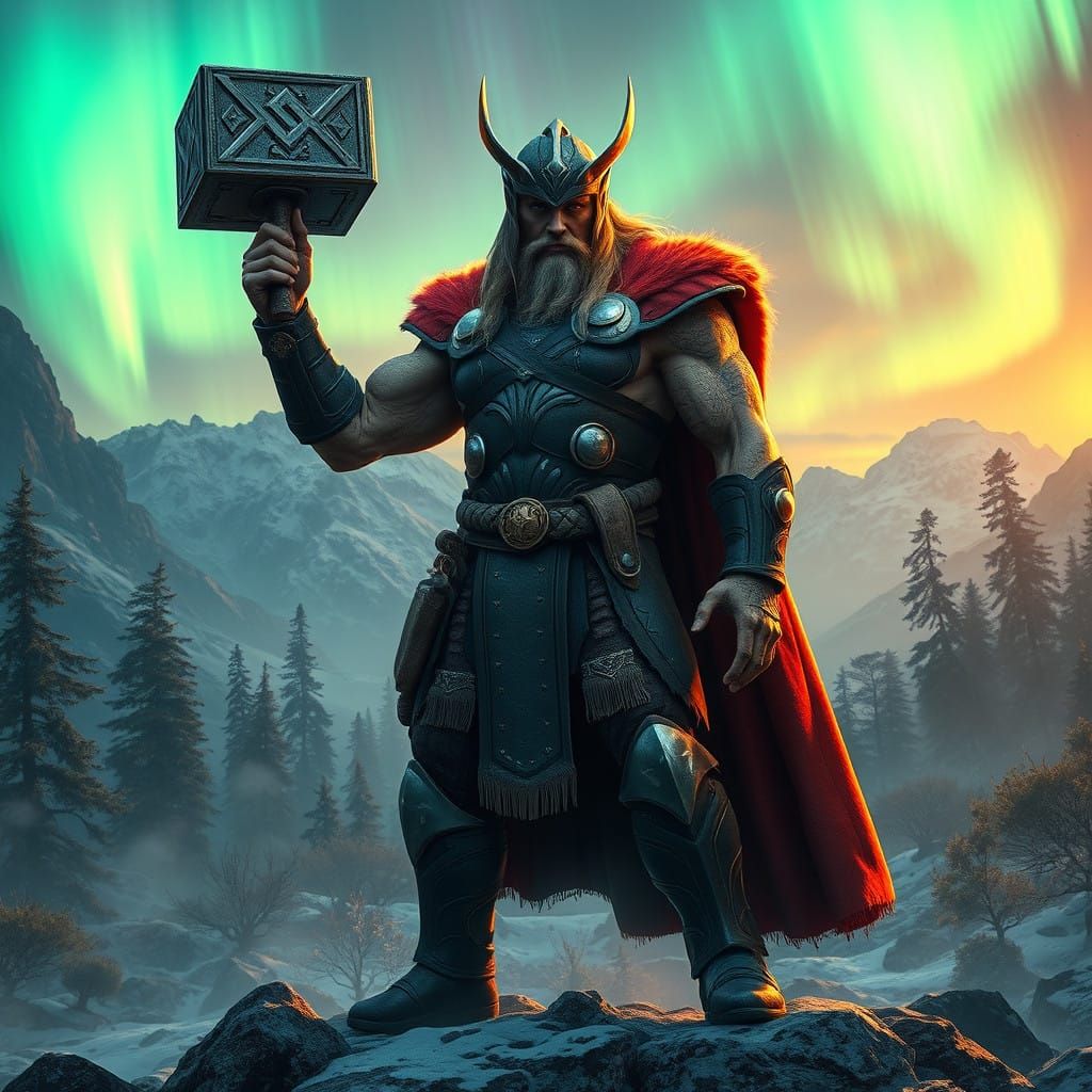 Heroic Thor in Ancient Scandinavian Landscape