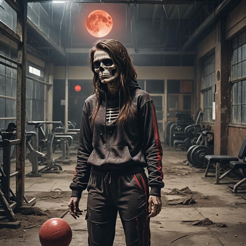 Skeleton Woman in Abandoned Gym with Red Moon