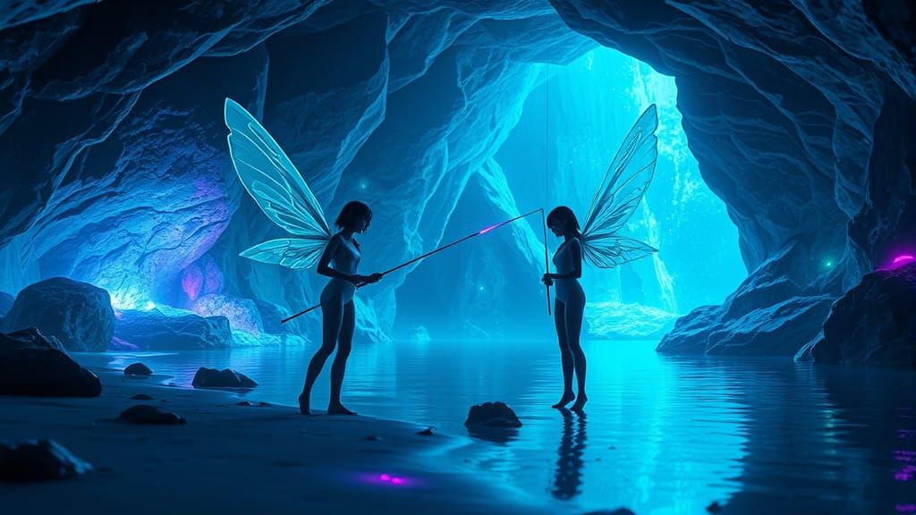 Neon Cybertech Fairies in Luminous Indigo Cavern, in 3D Anim...