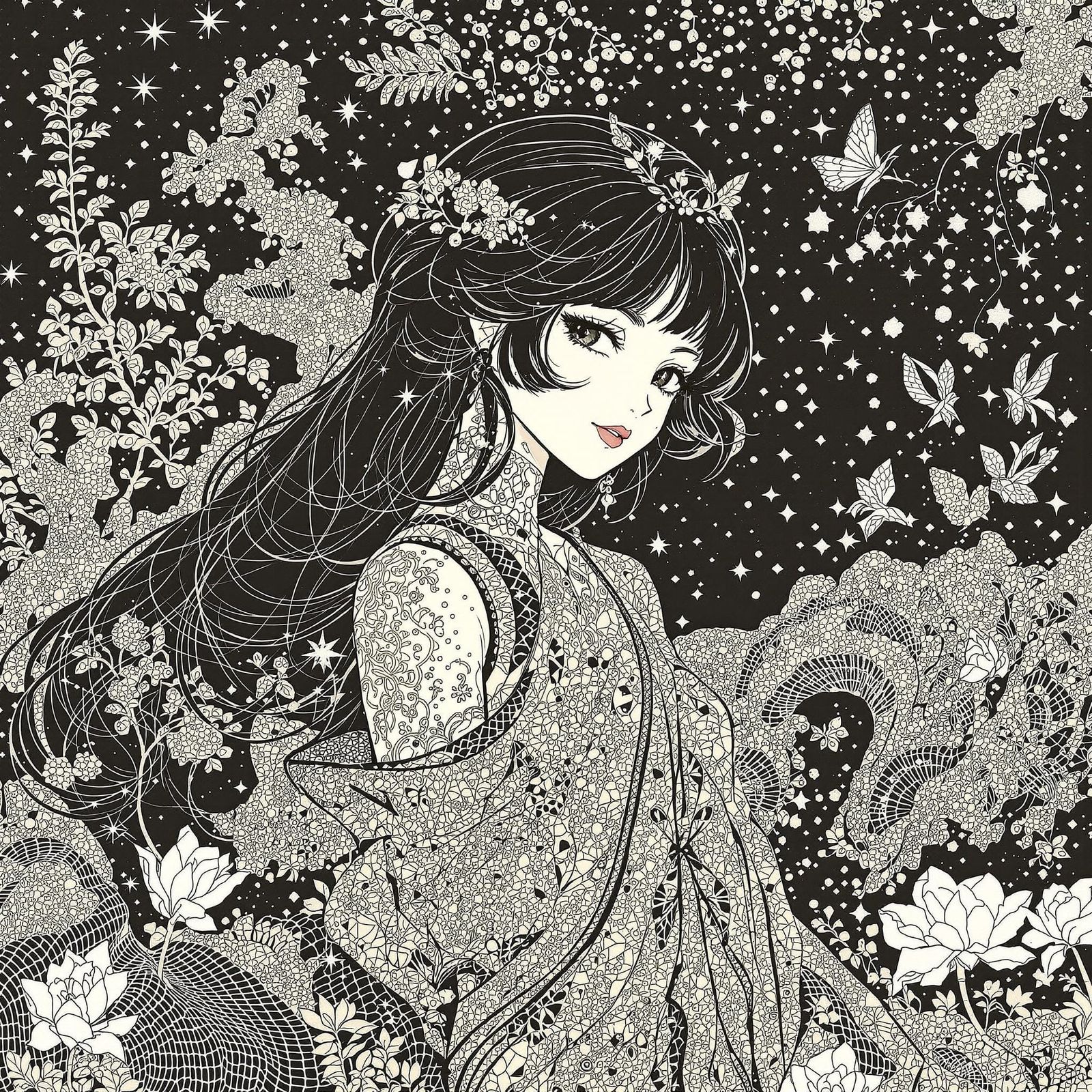 Serene Anime Goddess in Elegant Linoleum Block Print Style