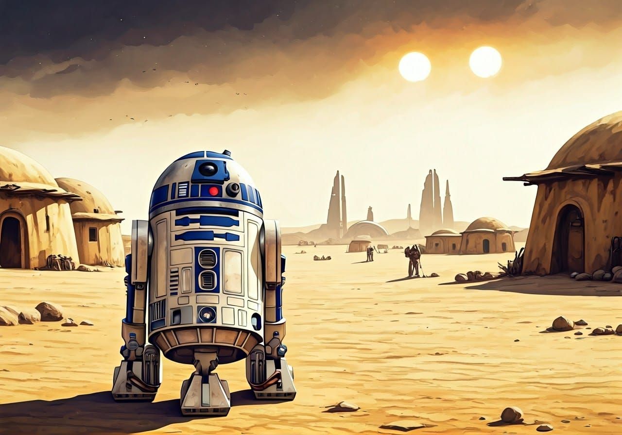 R2-D2 on Tatooine in Whimsical Watercolour