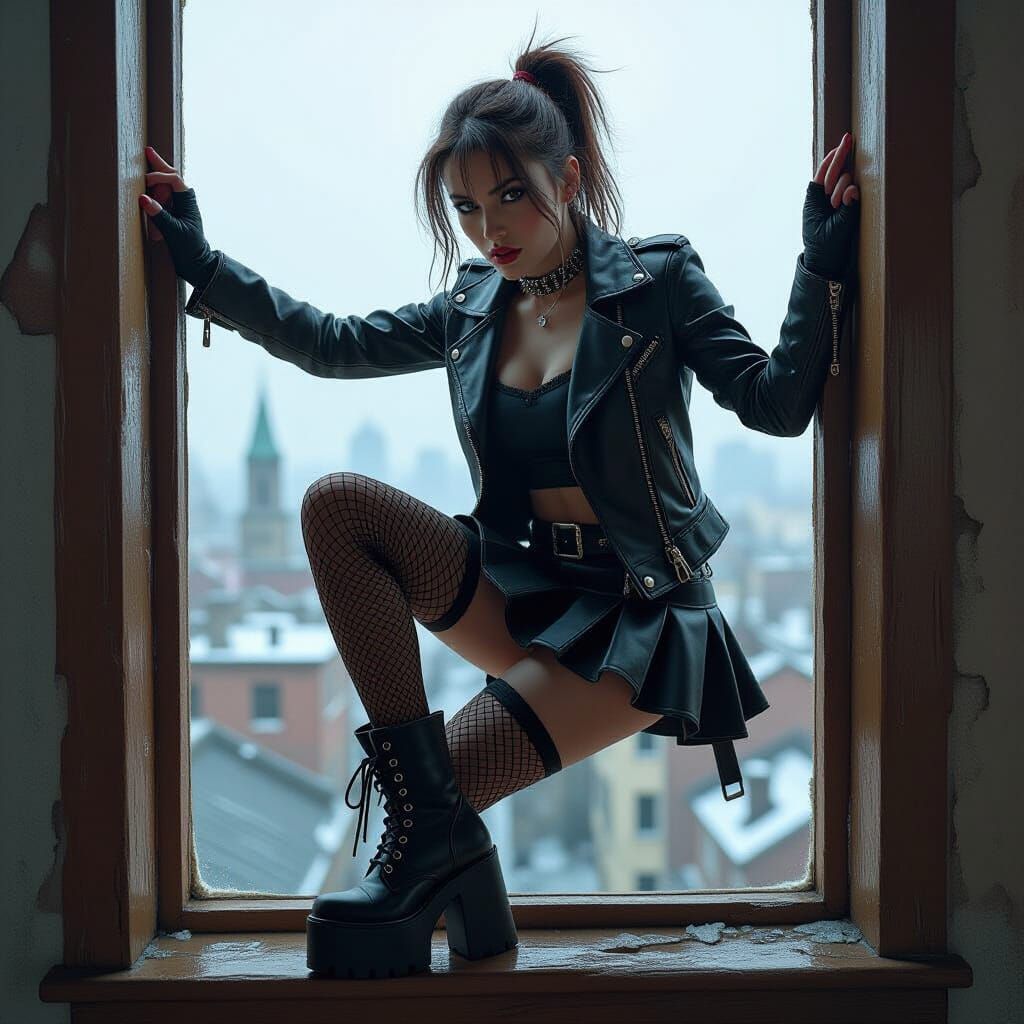 Punk Girl Climbs Through Roof Window in Cyberpunk Style
