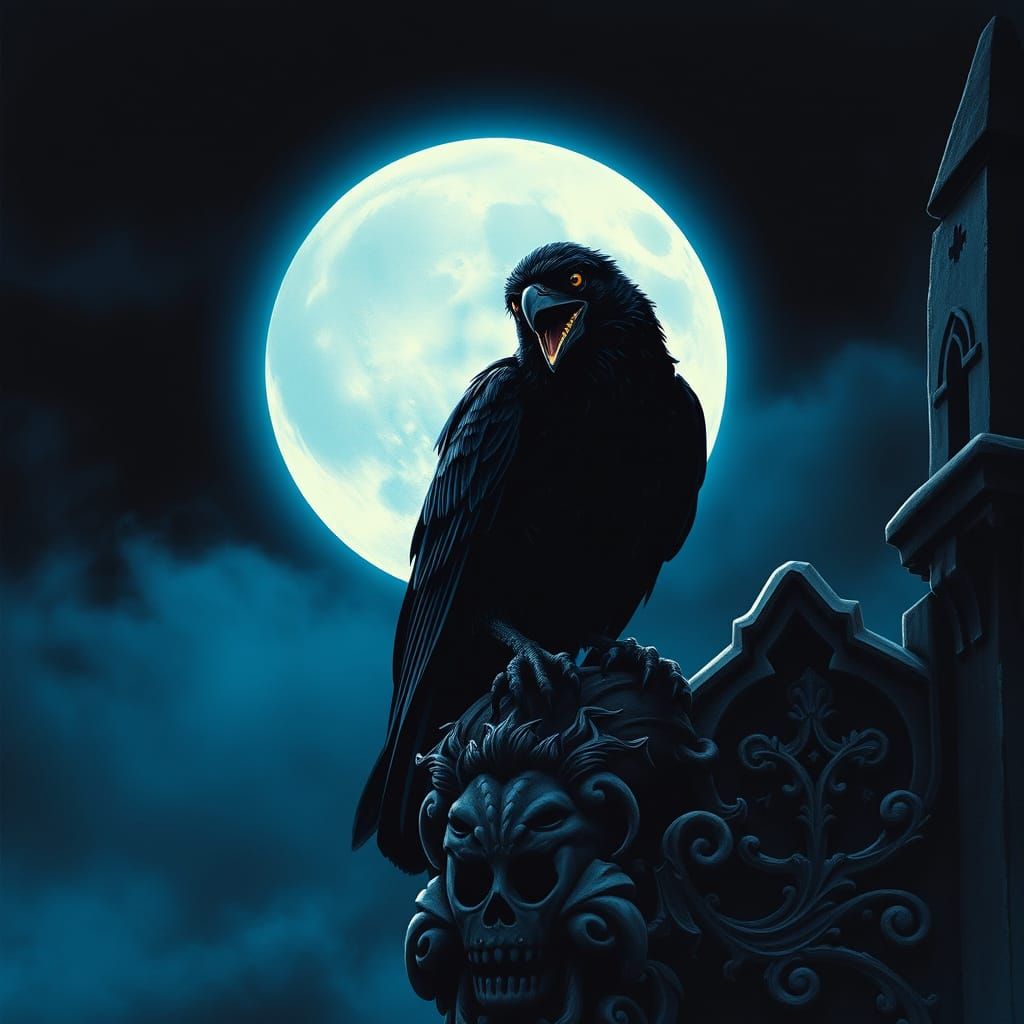 Gothic Raven Perched on Gargoyle in Moonlight