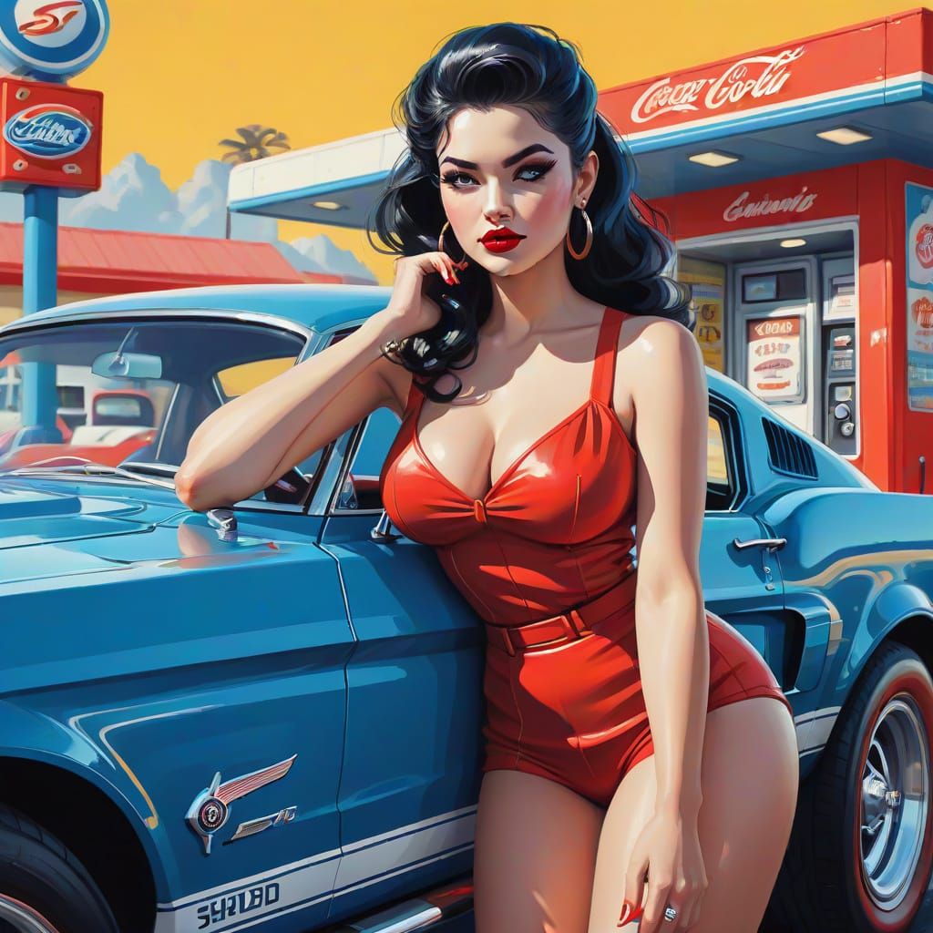 Curvy Woman with Ford Shelby GT500 in Pin-Up Style