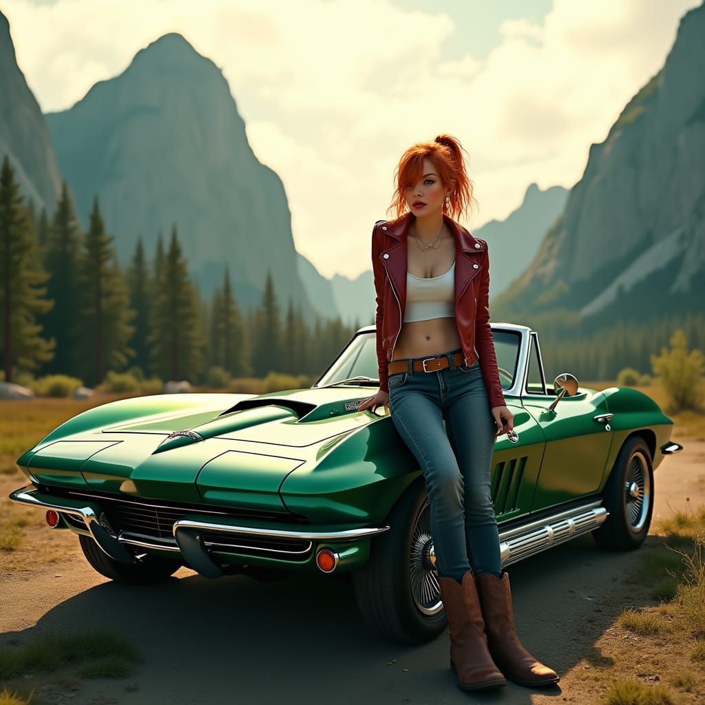Fiery Redhead Leans Against Vintage Corvette in Majestic Mou...