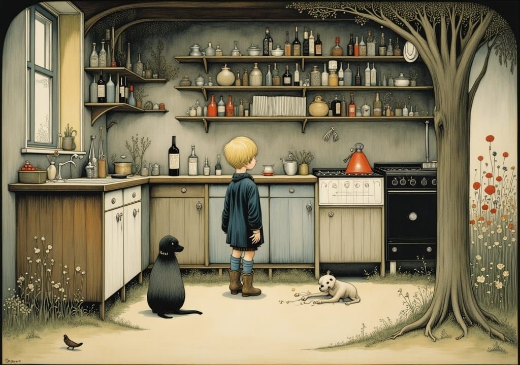 Toddler and Dog in Kitchen, Detailed Art