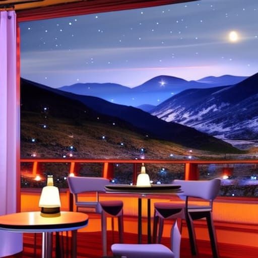 Cozy Night Cafe with Mountain View in 3D