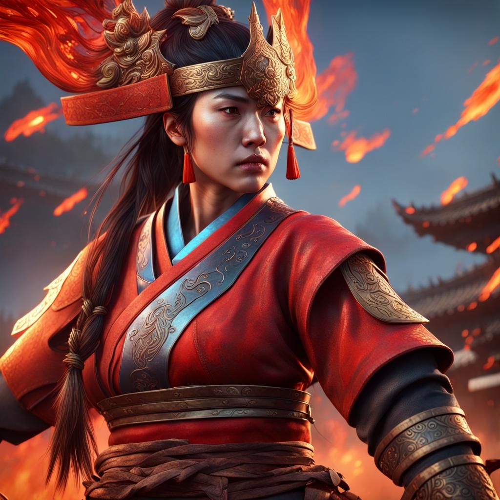 Korean Warrior Woman in Hyperrealistic Style