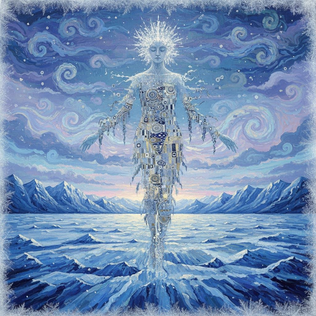 Ethereal Ice Goddess Dissolves into Frozen Landscape