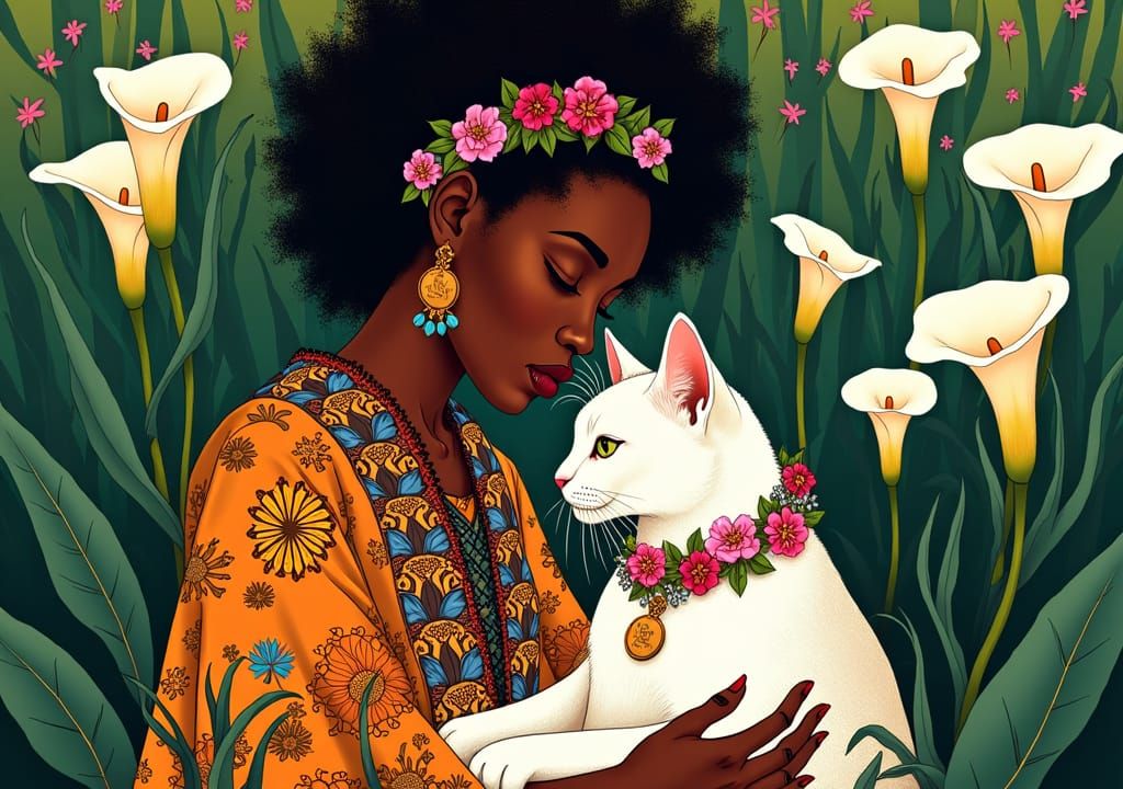 Yoruba Woman with Cat in Hanafuda Card Style