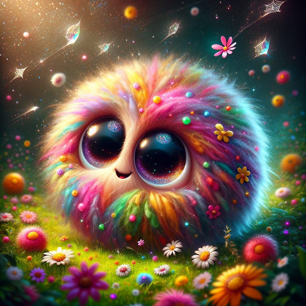 Whimsical Fuzzball's Joyful Adventure in Flower Field
