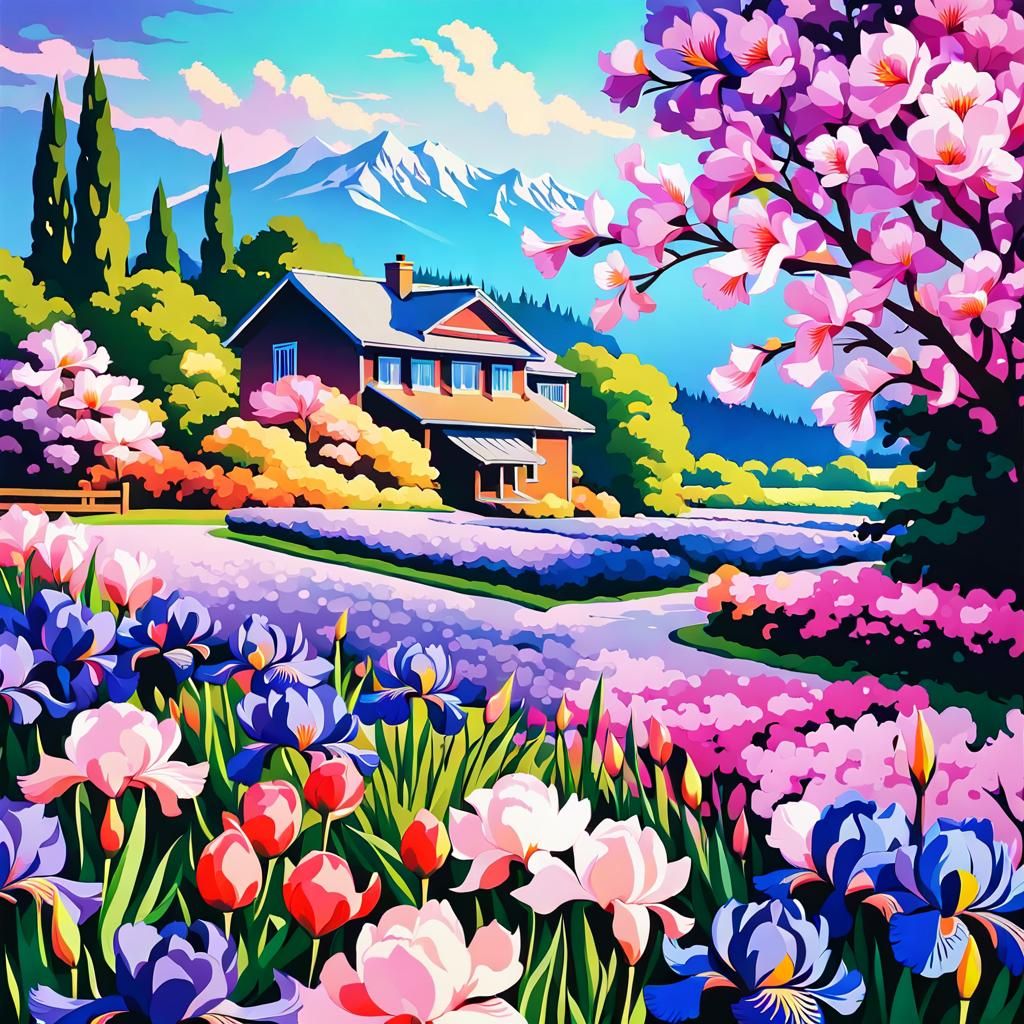 Iris and Peony Flowers in Chromatic Aberration Style