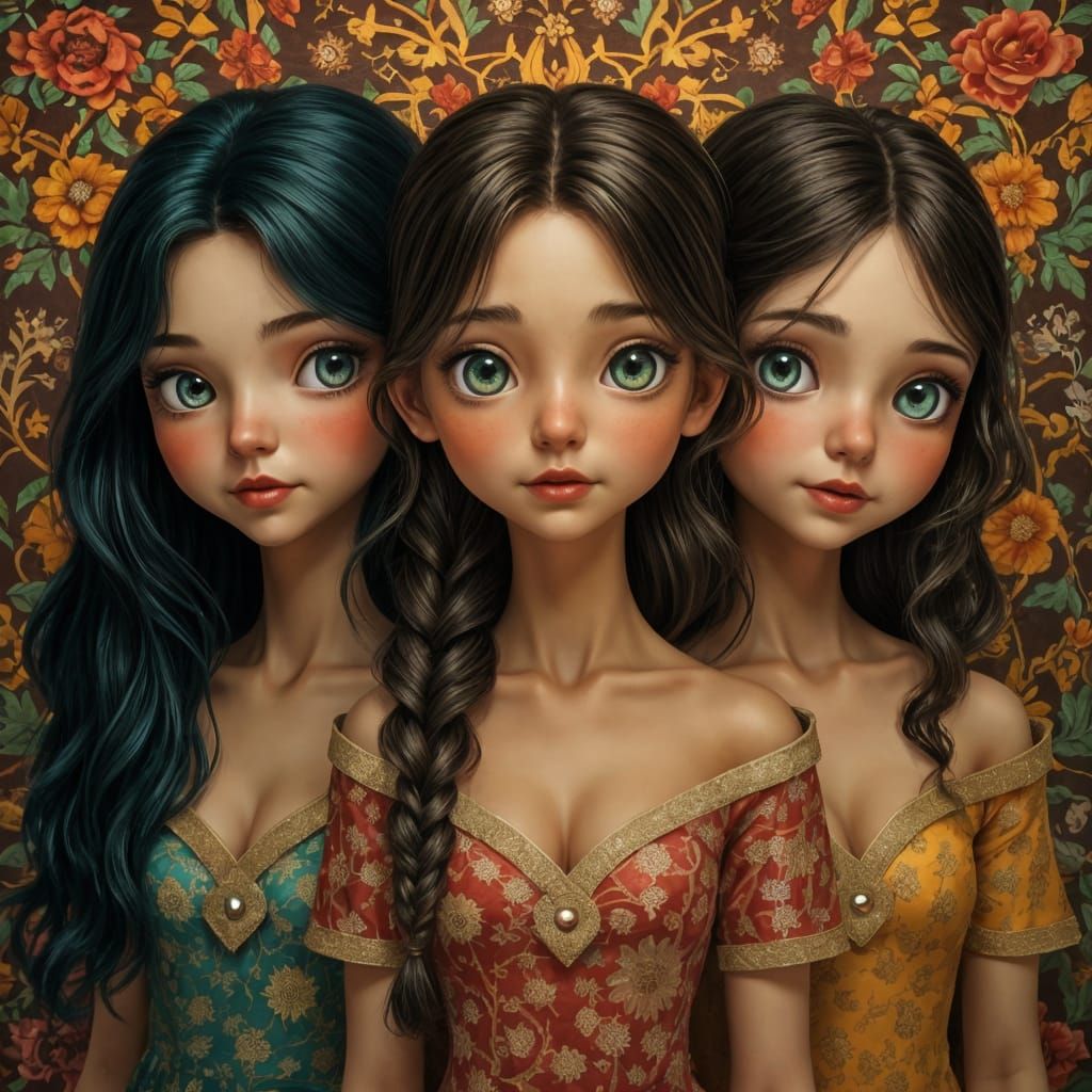 Detailed Portrait of Three Girls in Dresses