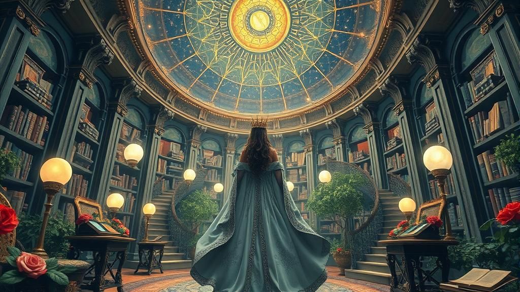 Queen in Library During Celestial Alignment, Gouache Style