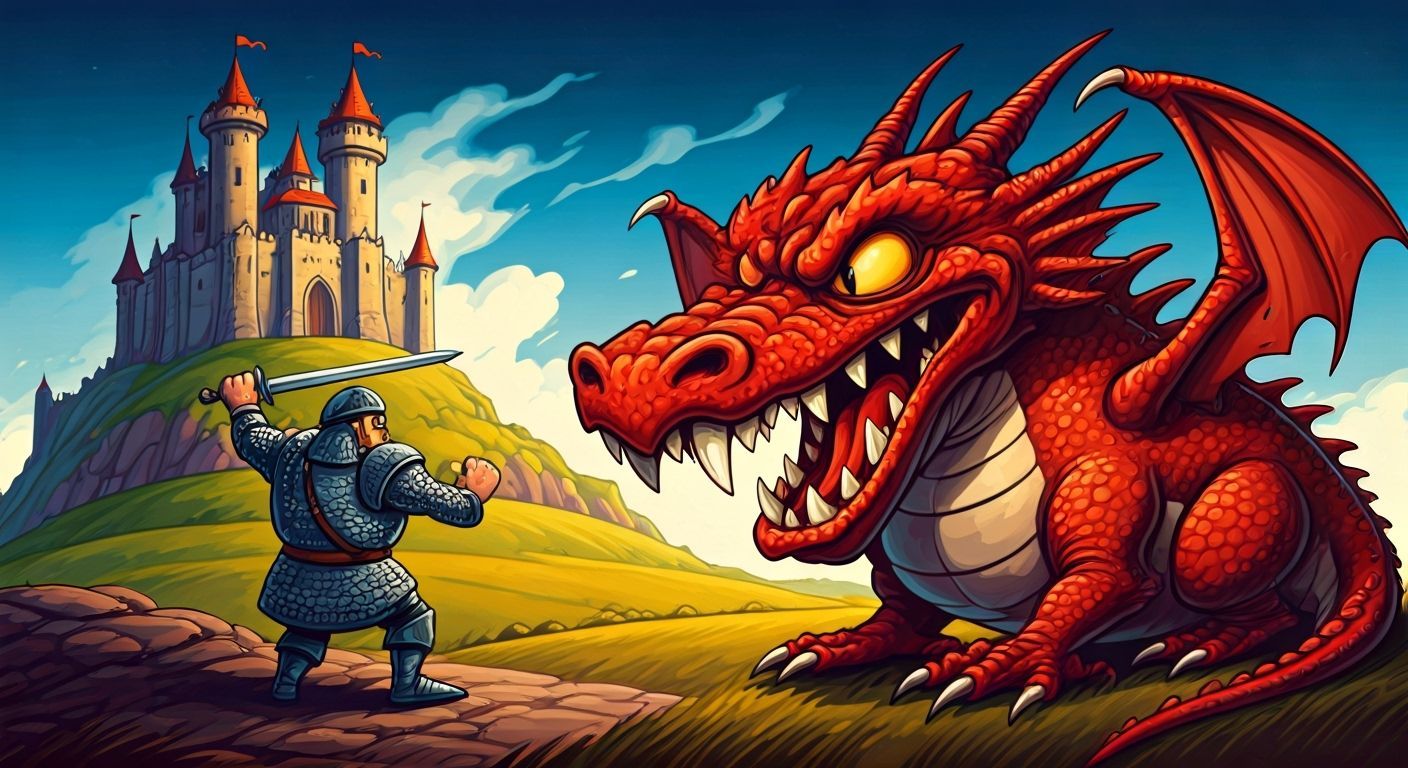 Humorous Dragon vs Knight Cartoon in Felt Marker Style