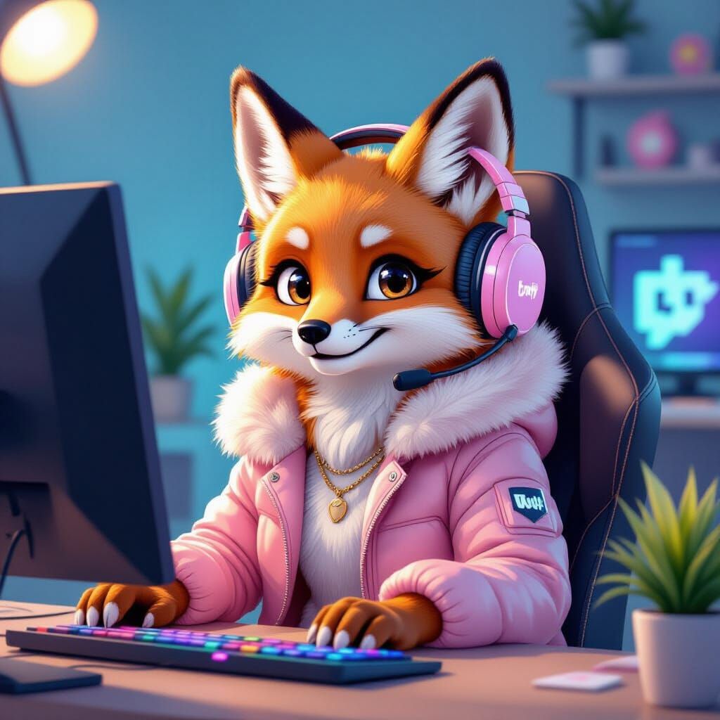 Pastel Fox Streamer in Cozy Gaming Setup