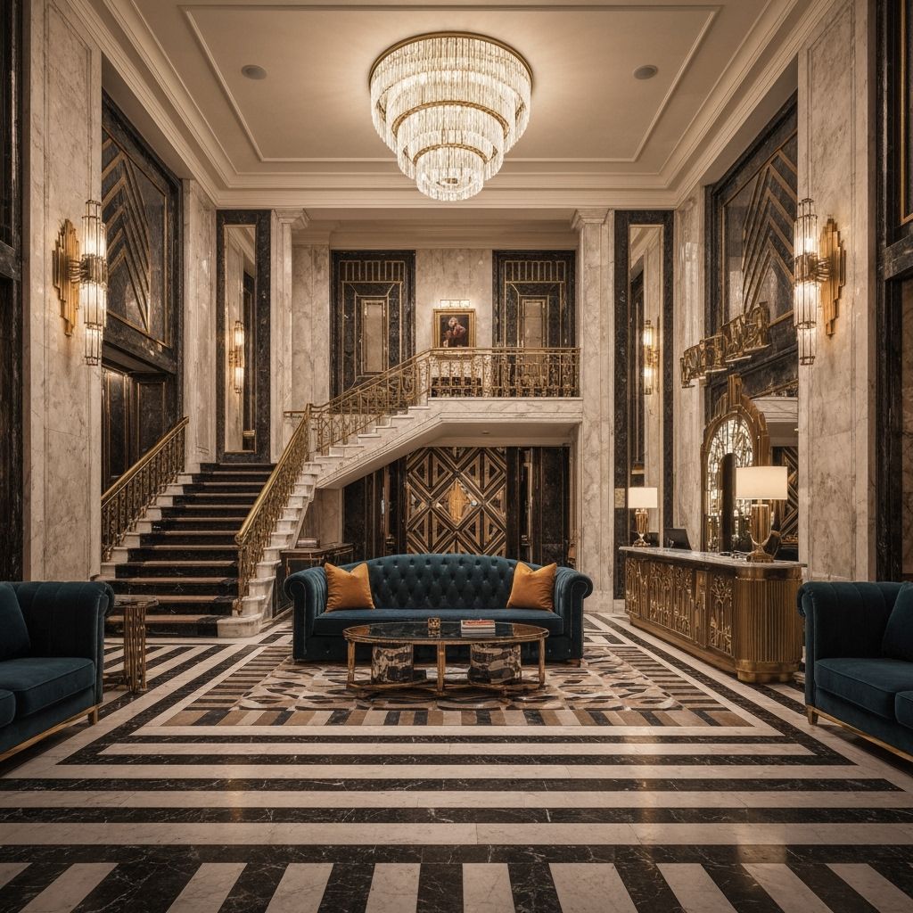 Art Deco Hotel Lobby Grandeur with Sweeping Staircase