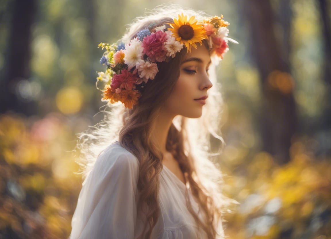Girl with Flowers in Sunny Forest