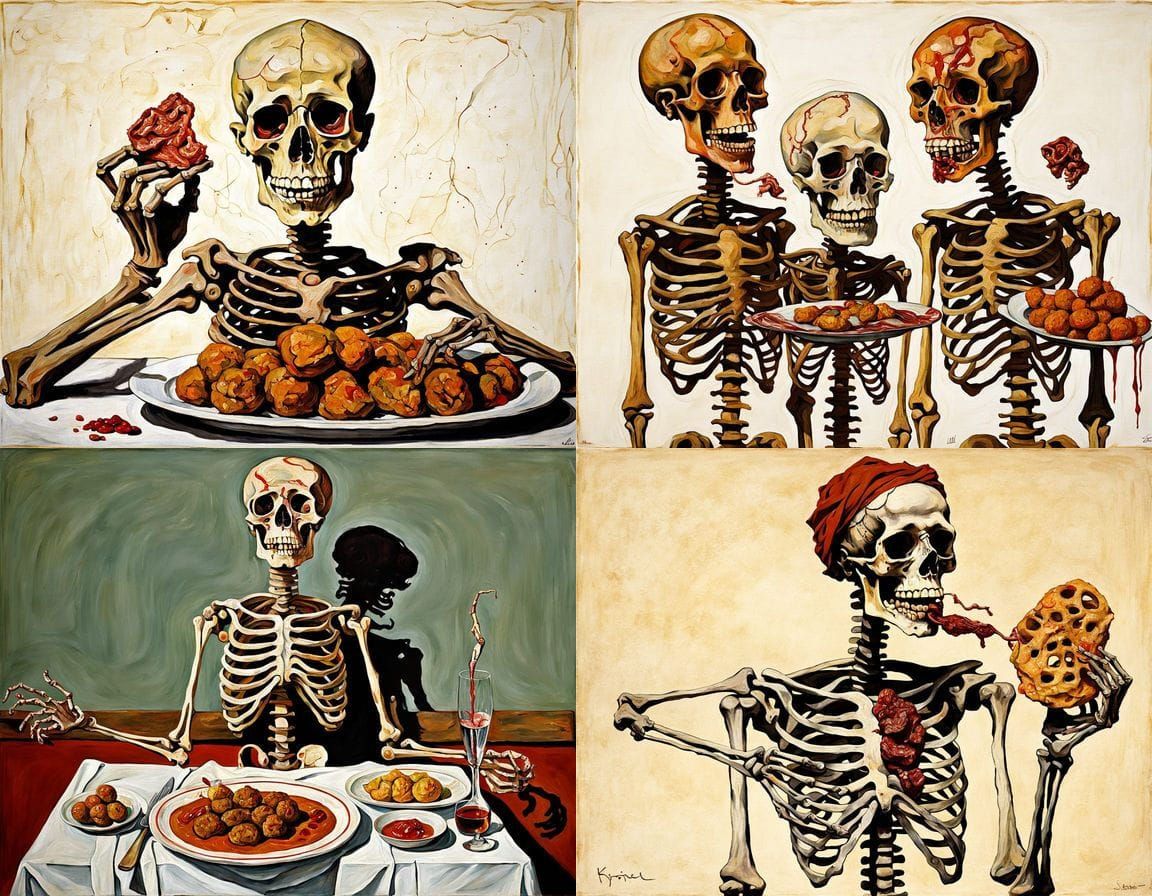 Surreal Stone Skeleton with Meat, in Oil Painting Style