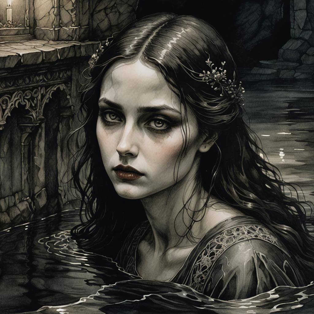 Gothic Girl Emerges from Dark Water in Renaissance Style