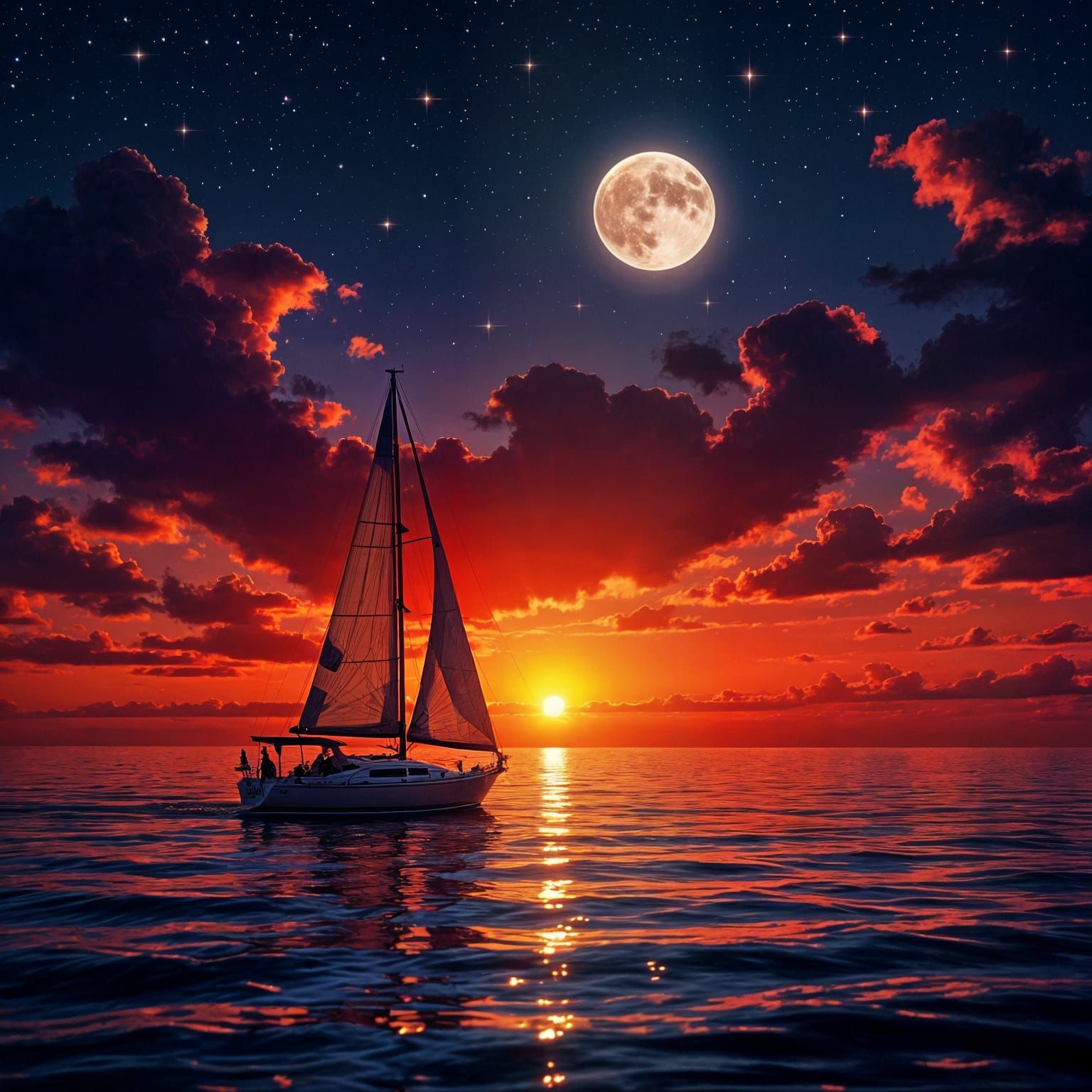 Magical Red Sunset With Sailboat Under Moonlight