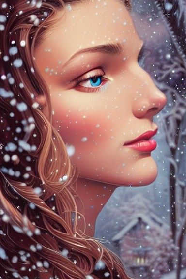 Beautiful Brunette in Snow, Hyperrealistic Photography