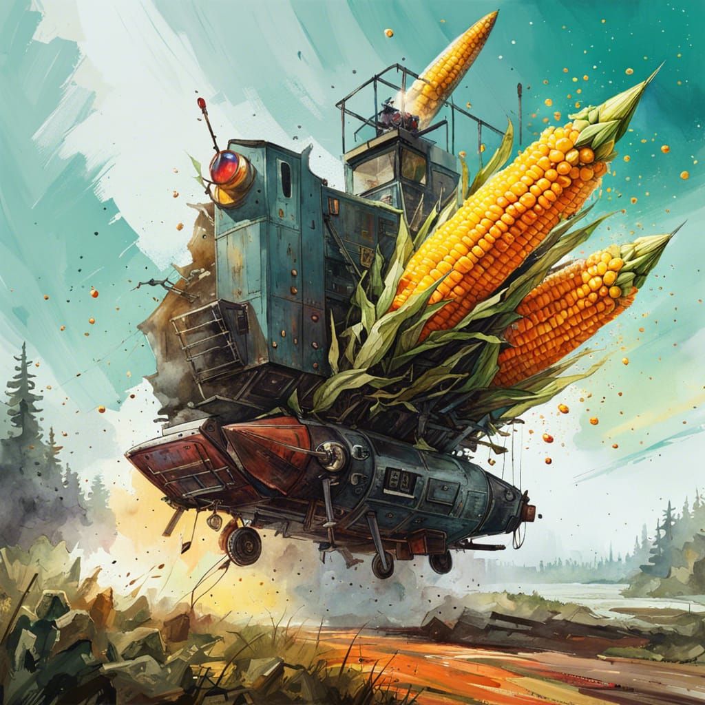 Flying Corn Rocket in Impasto Acrylic Style