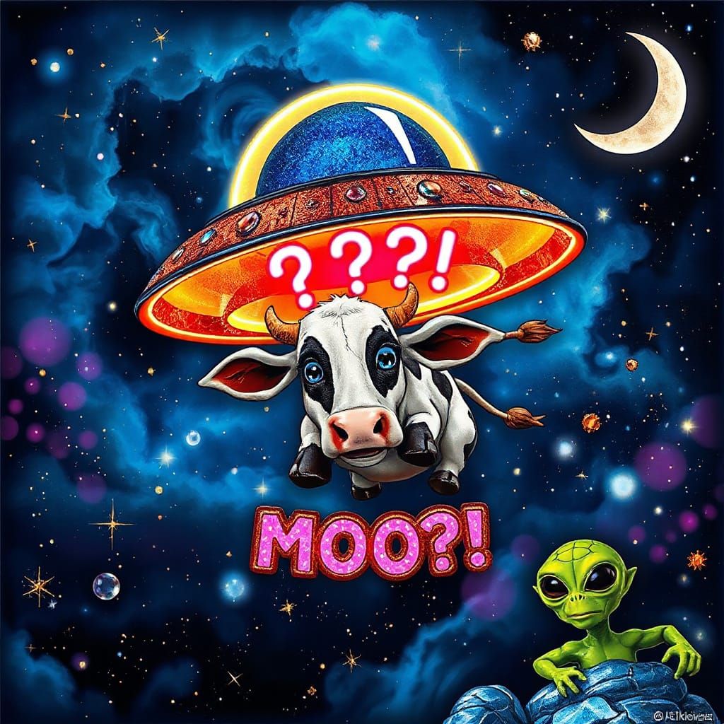 Whimsical Cow Abduction in Stained Glass Style