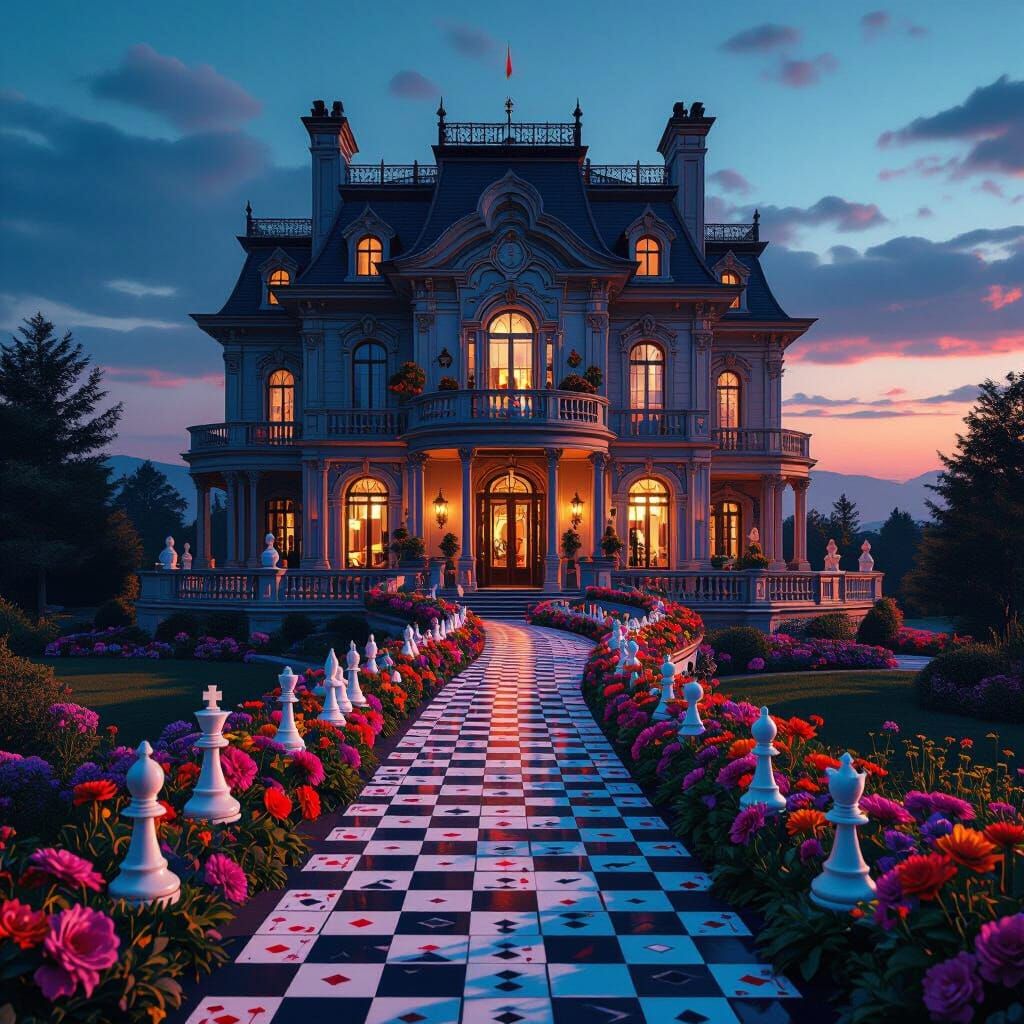 Ornate Card Mansion with Retro-Futuristic Synthwave Accents