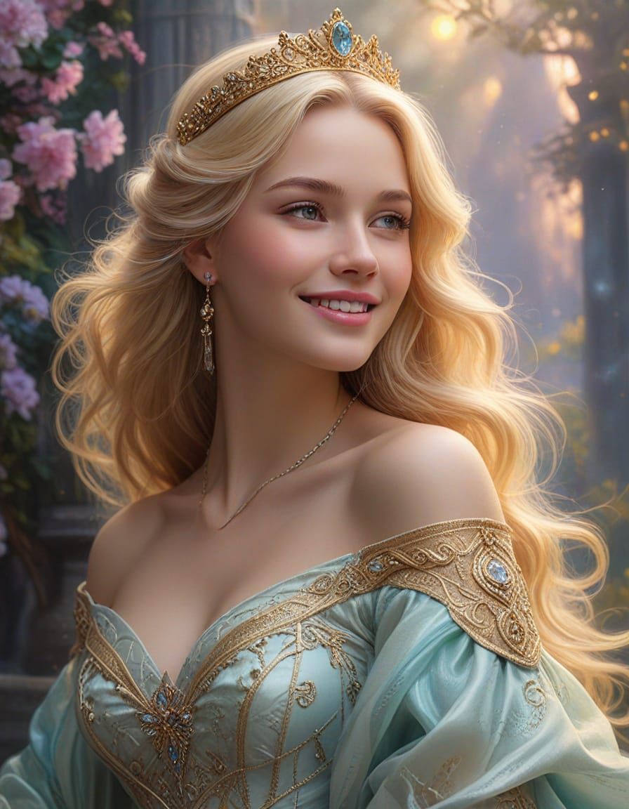 Ethereal Princess with Gold Diadem in Soft Mist