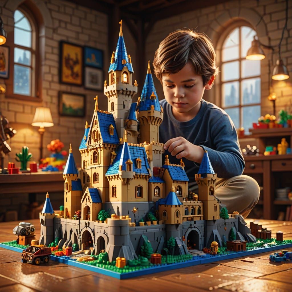 Child Builds Towering Lego Castle: Vibrant Digital Art