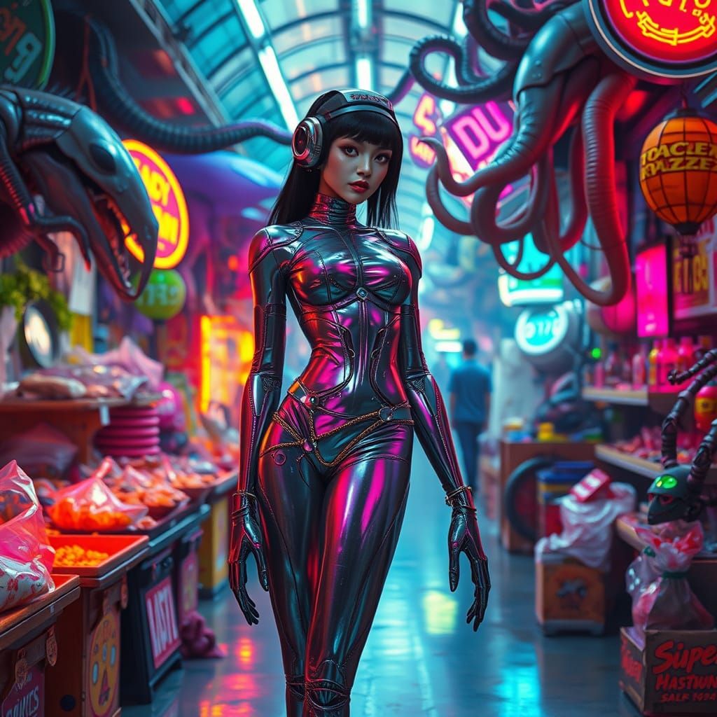Cyborg in a Neon Alien Marketplace, Cyberpunk Style