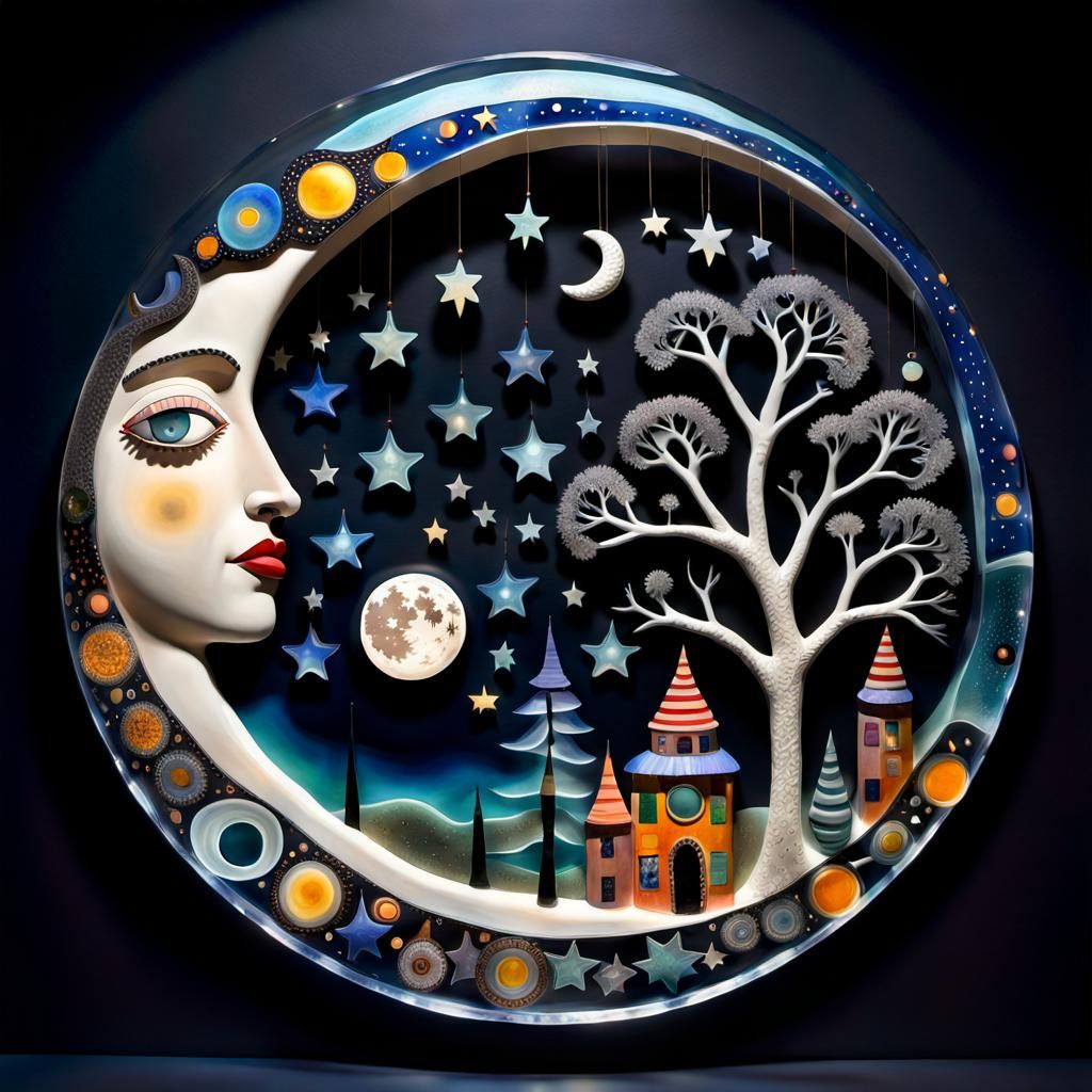 Whimsical Moon and Stars in Blown Glass Folk Art